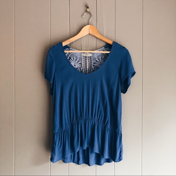 Solemio Tops - Blue Lace Embroidered Back High Low Skirt Tee